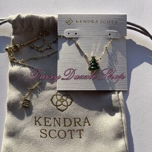 🎄New Kendra Scott Holiday Tree Gold Short Pendant Necklace In Green Quartzite🎁
